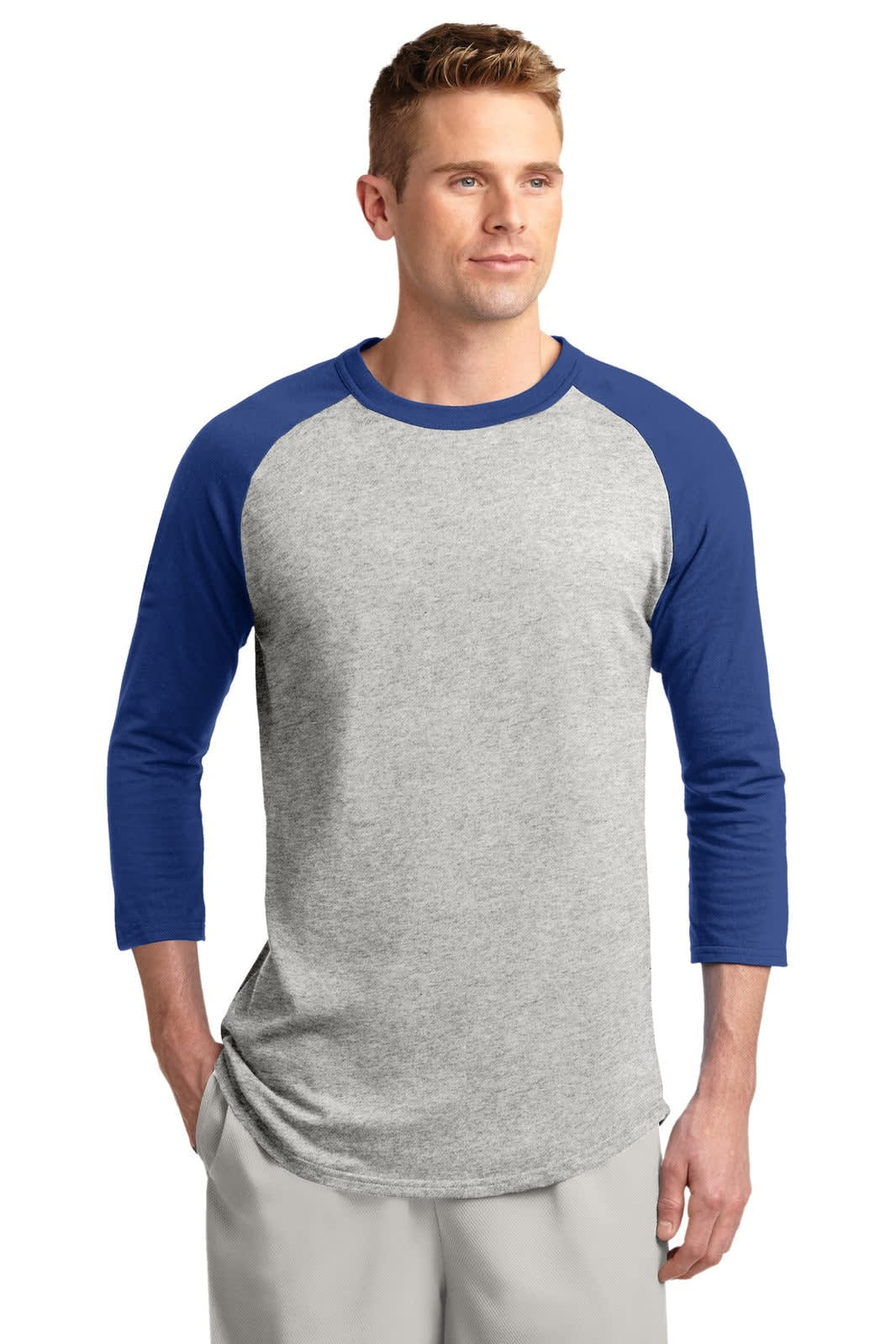A grey and blue Sport-Tek Colourblock Raglan Jersey with three-quarter sleeves, featuring a logo on the chest.