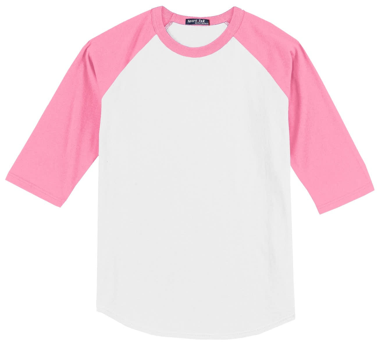 A white T-shirt with pink raglan sleeves and a logo on the neckline.