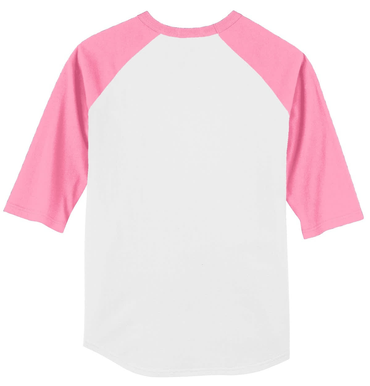 A white jersey with pink raglan sleeves, featuring a logo on the front.
