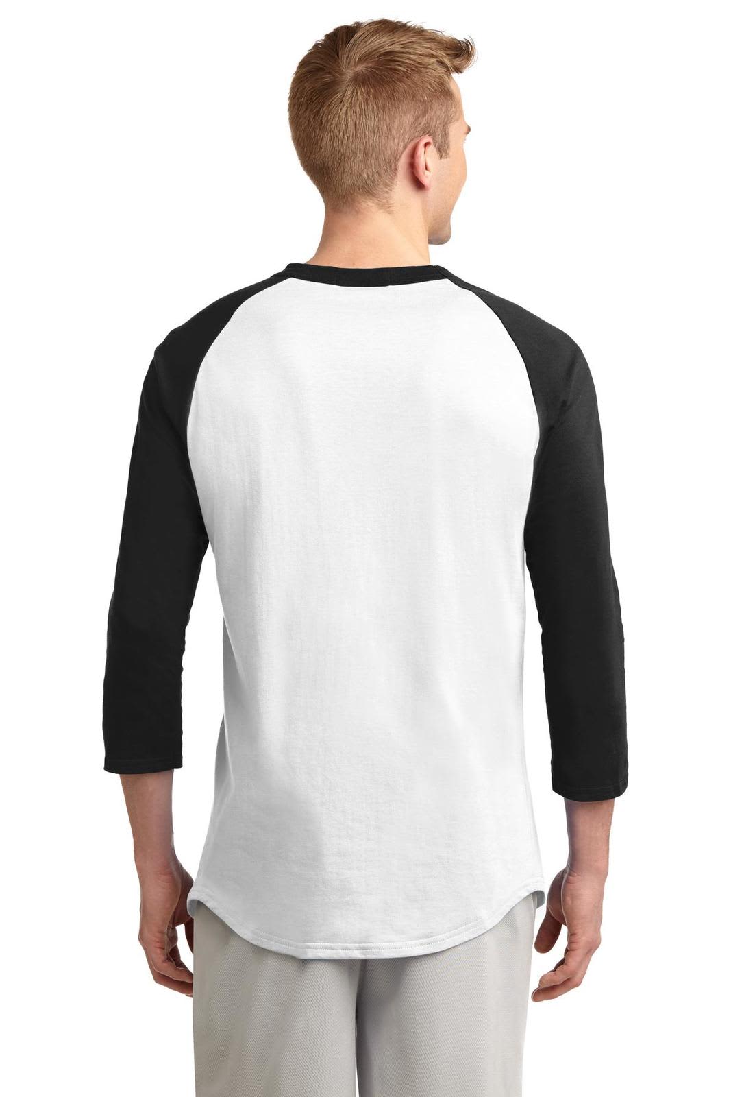A man wearing a Sport-Tek Colourblock Raglan Jersey in white with black sleeves, featuring a logo on the back.