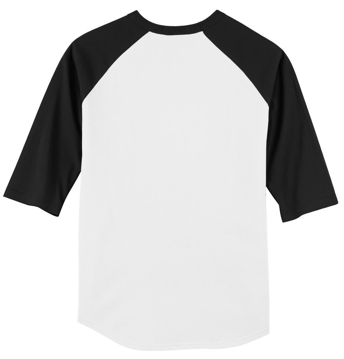 A black and white Sport-Tek Colourblock Raglan Jersey featuring a black raglan sleeve design.