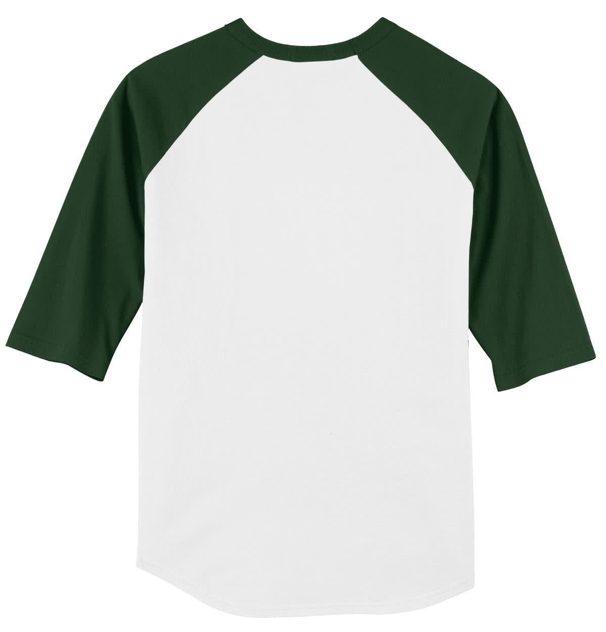A white and dark green sport t-shirt featuring a colourblock design and raglan sleeves. It has a logo on it.