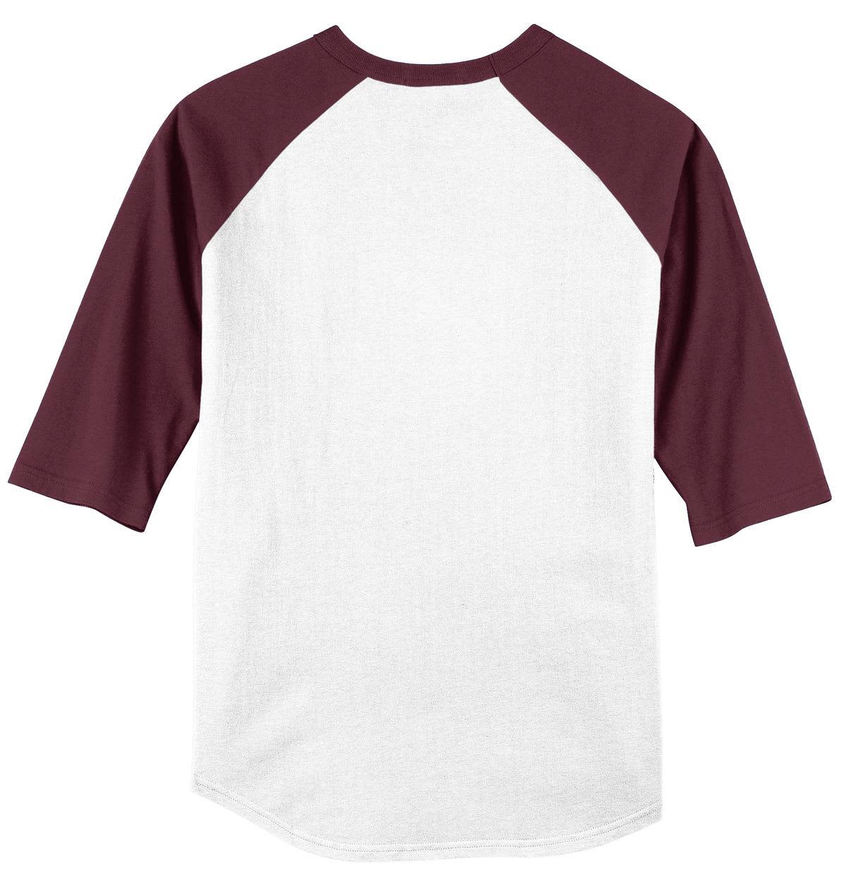 A maroon and white Sport-Tek Colorblock Raglan Jersey with ¾ sleeves, featuring a logo on the front.