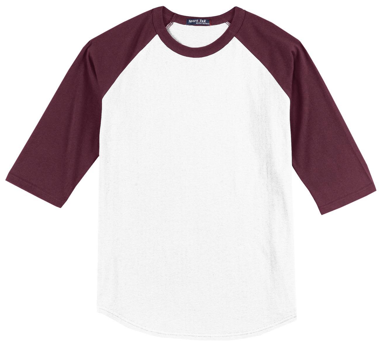A maroon and white Sport-Tek colourblock raglan jersey with three-quarter sleeves and a logo.