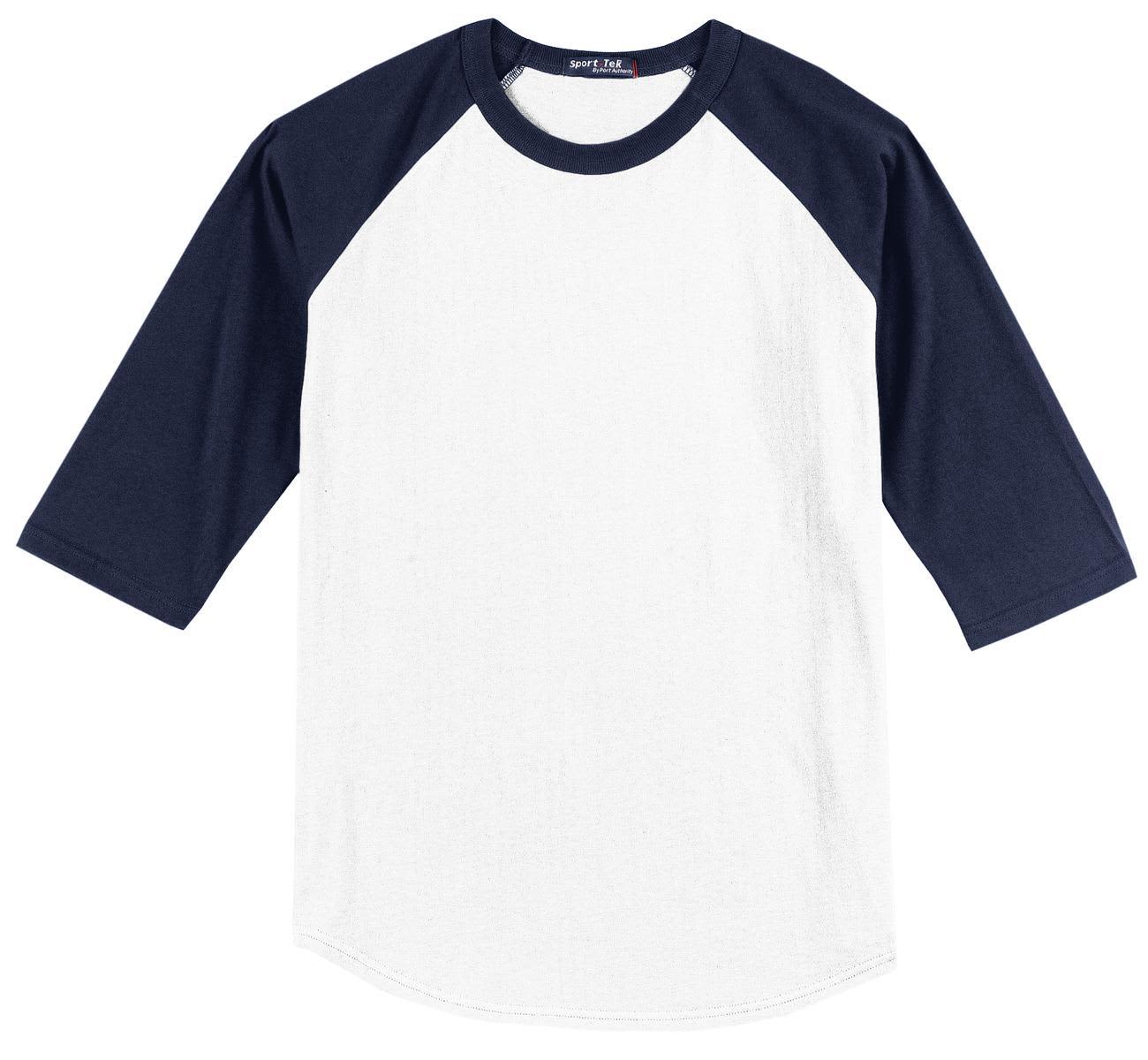 A white raglan jersey with navy blue sleeves and a round neckline. The shirt has a logo on it.