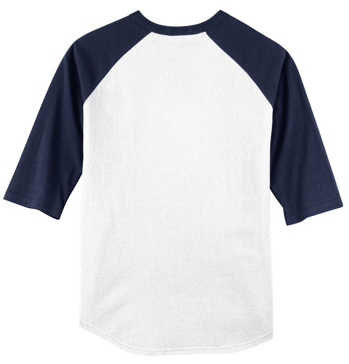 A white and navy Sport-Tek Colorblock Raglan Jersey with three-quarter sleeves and a logo on the back.