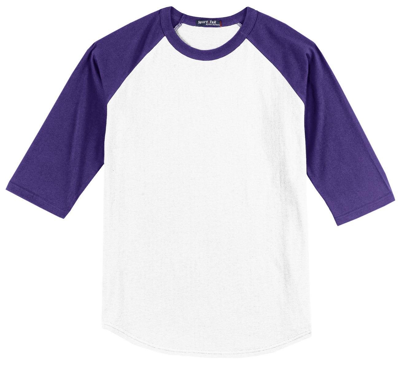 A white and purple Sport-Tek Colorblock Raglan Jersey with three-quarter sleeves and a logo on the neckline.