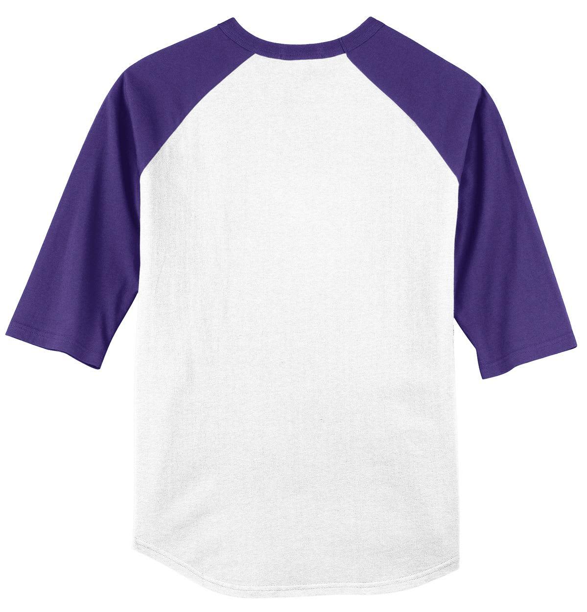 A white shirt featuring purple three-quarter raglan sleeves and a plain back, with a branding logo.