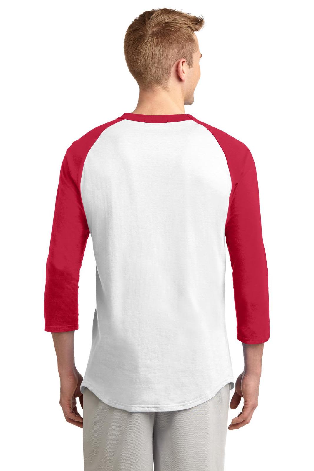 A man wearing a Sport-Tek colourblock raglan jersey with red sleeves and a white body, featuring a logo.