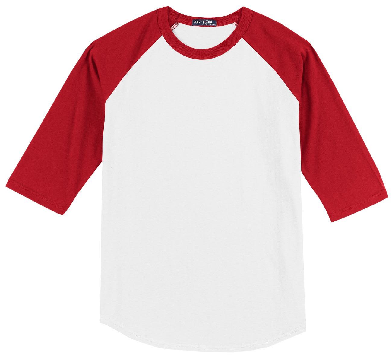 A red and white Sport-Tek Colorblock Raglan Jersey with three-quarter sleeves and a logo on the neck.