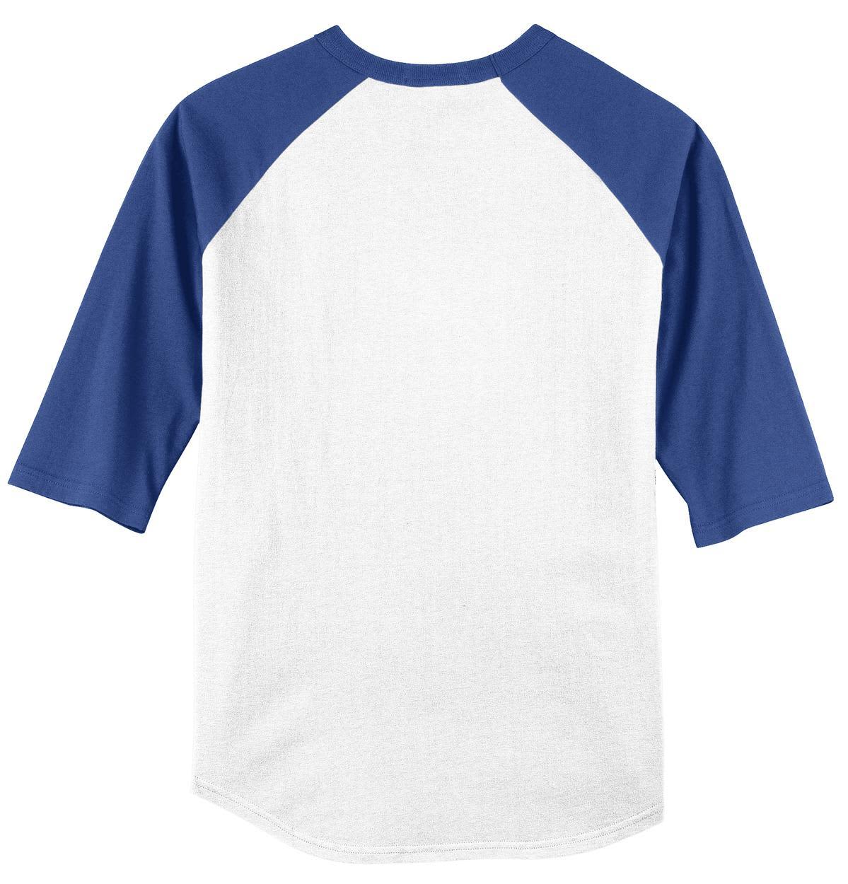 A white and blue Sport-Tek Colorblock Raglan Jersey with three-quarter sleeves and a plain back.