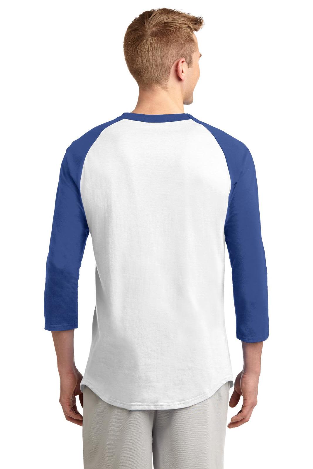 A man wearing a white and blue Sport-Tek Colorblock Raglan Jersey with three-quarter sleeves, facing away from the camera.