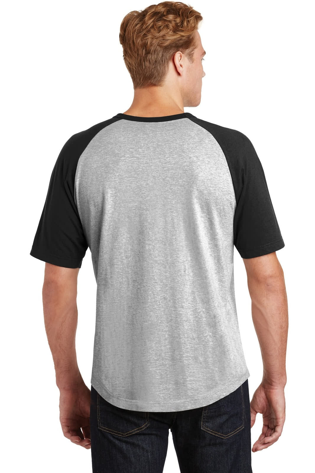 A grey and black short sleeve colourblock raglan jersey with a stylish design, featuring a logo on the back.