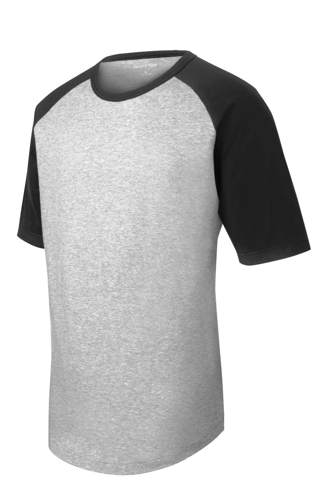 A short sleeve colourblock raglan jersey featuring a grey body and black sleeves, with a logo on the front.