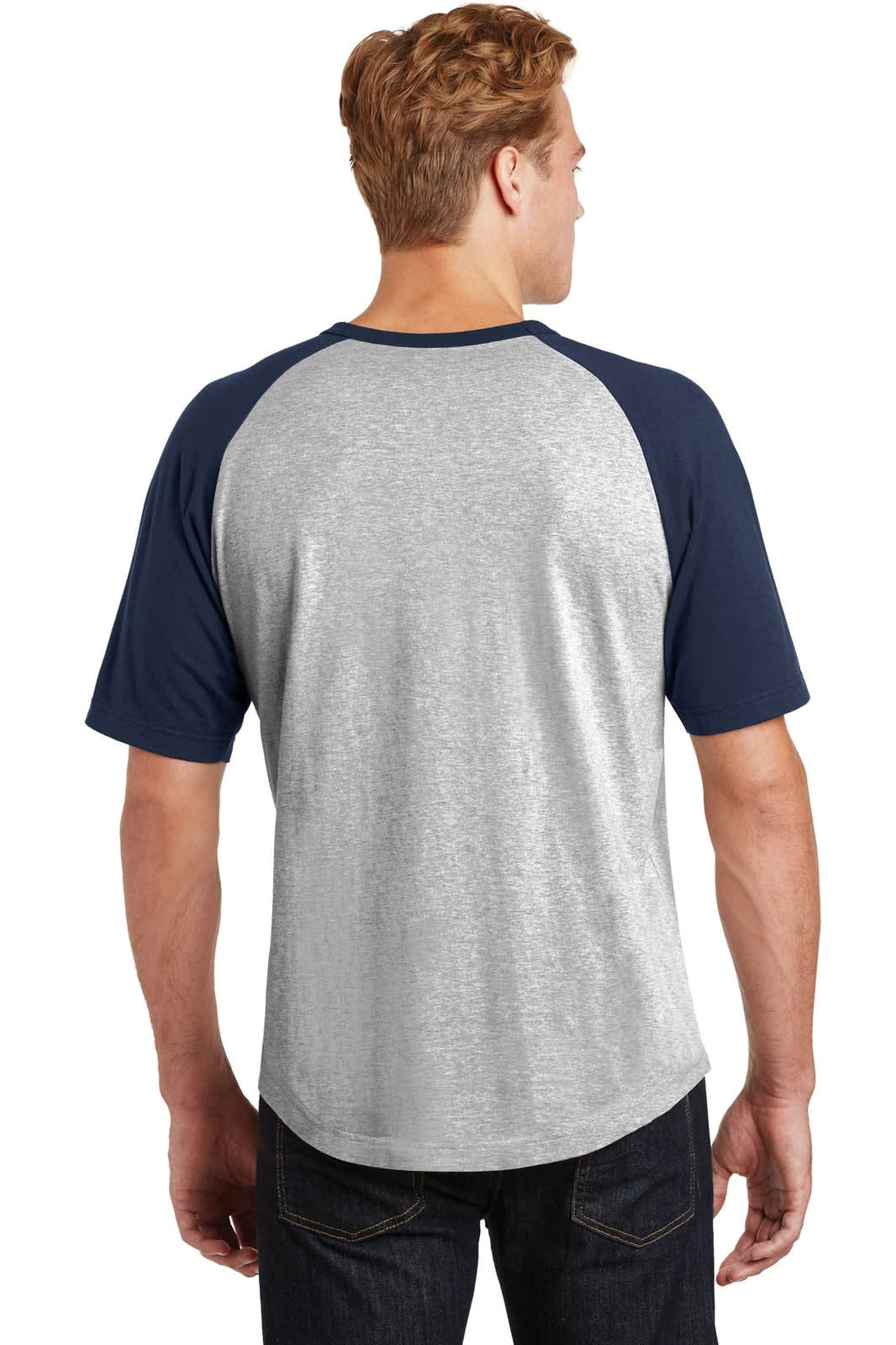 A short sleeve colourblock raglan jersey in grey with navy sleeves, featuring a logo on the back.