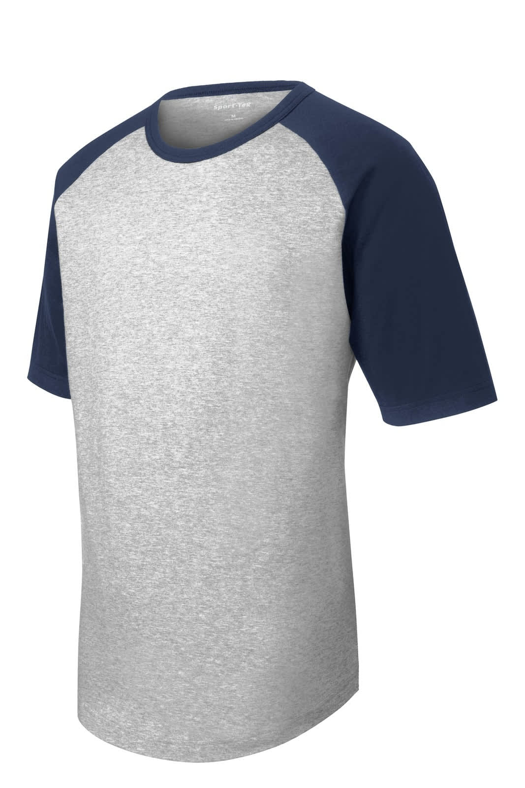 A grey and navy short sleeve colourblock raglan jersey featuring a logo on the sleeve.