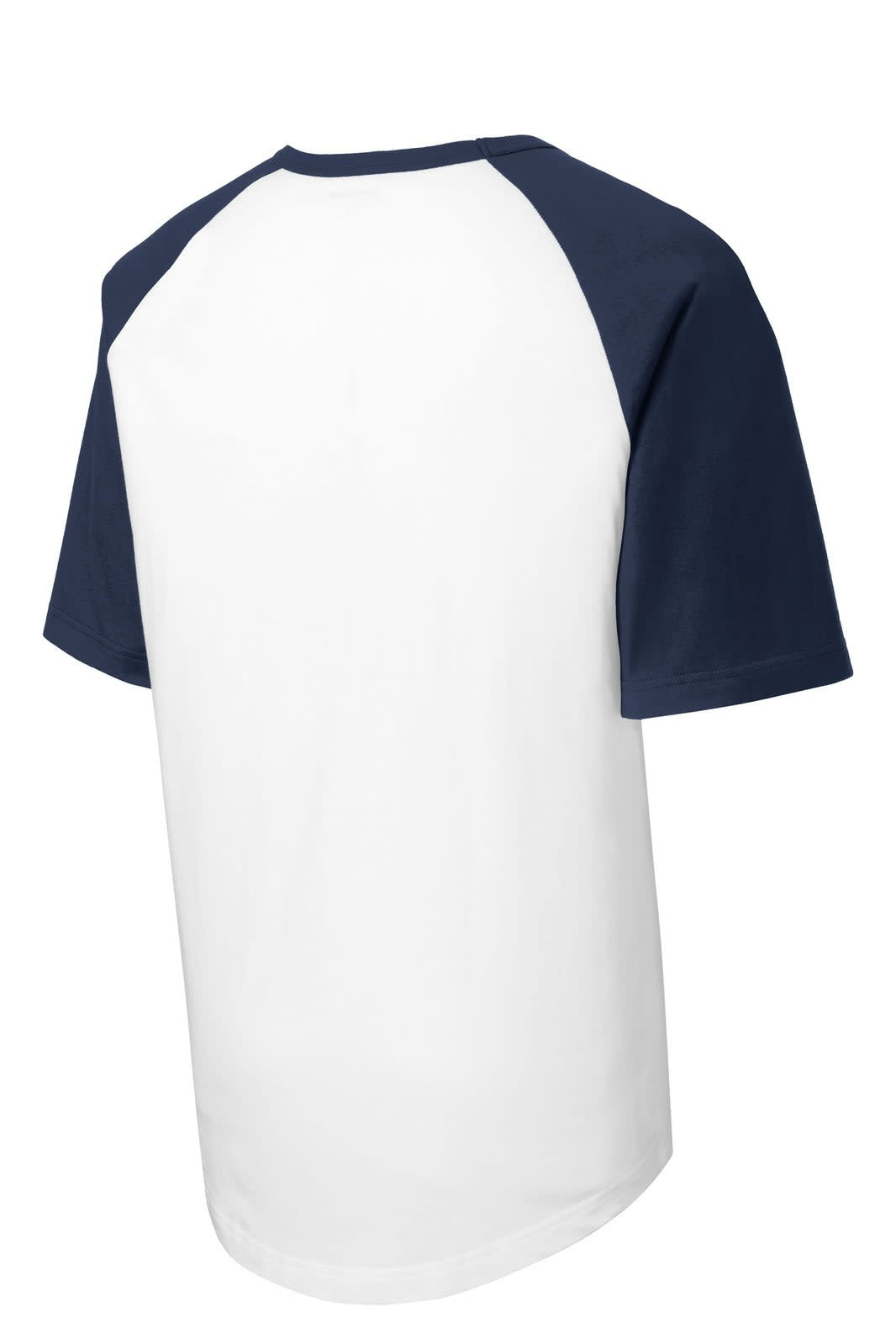 A short sleeve raglan jersey featuring a white body and navy blue sleeves, with a logo on the fabric.
