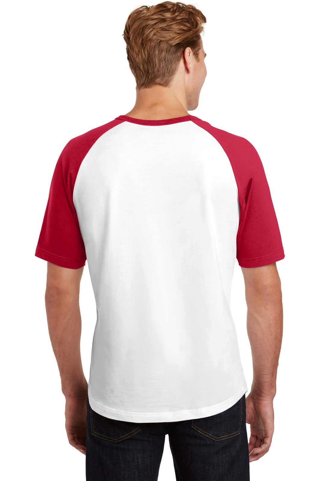 A short sleeve colourblock raglan jersey in white and red, with a logo on the back.