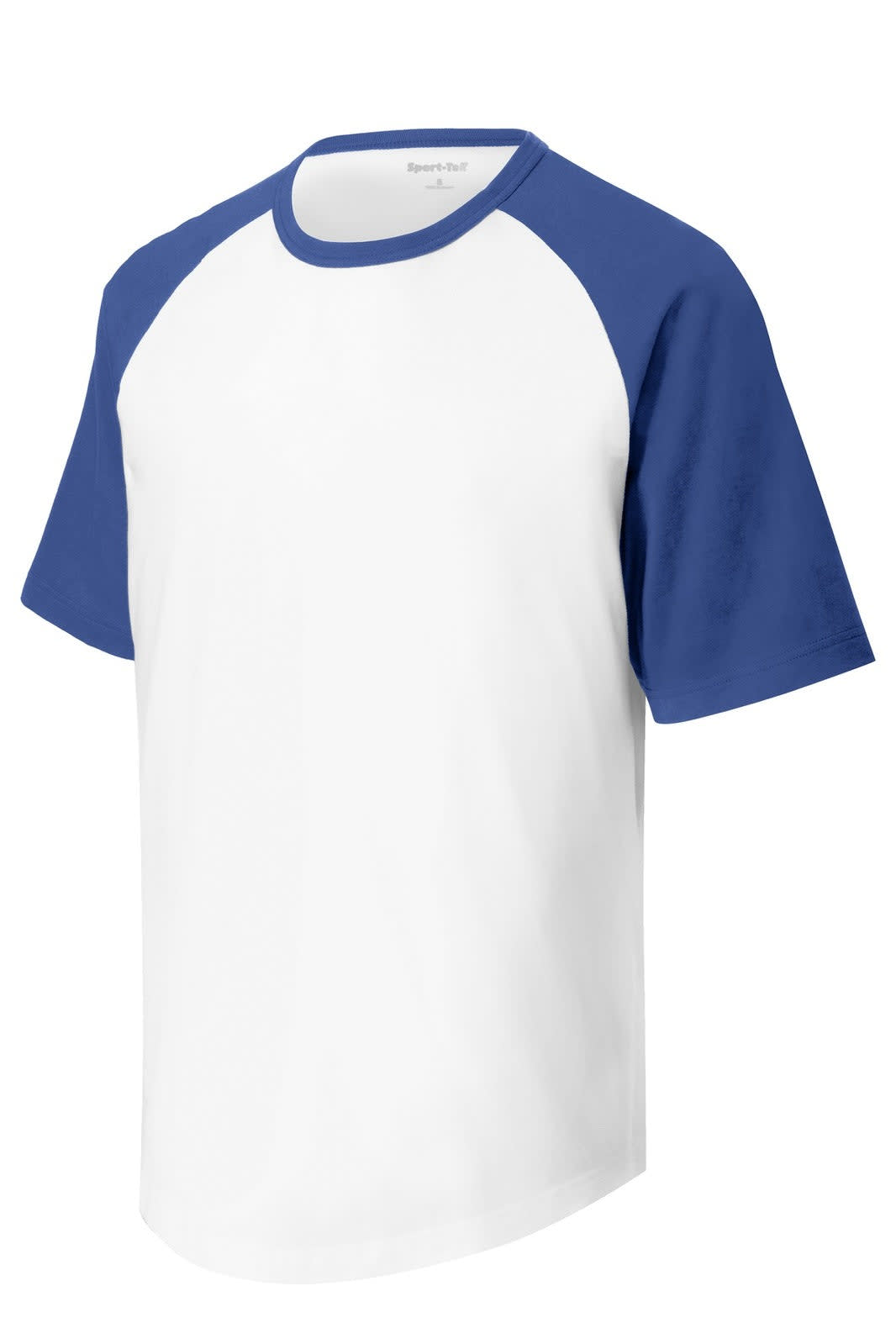 A short sleeve raglan jersey in white with blue sleeves, featuring a logo on the front.