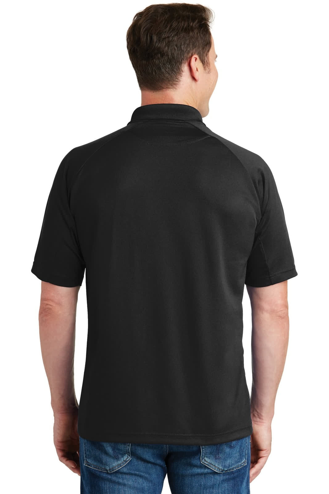 A black Sport-Tek Dri-Mesh Pro Polo shirt viewed from the back, featuring a logo on the collar.