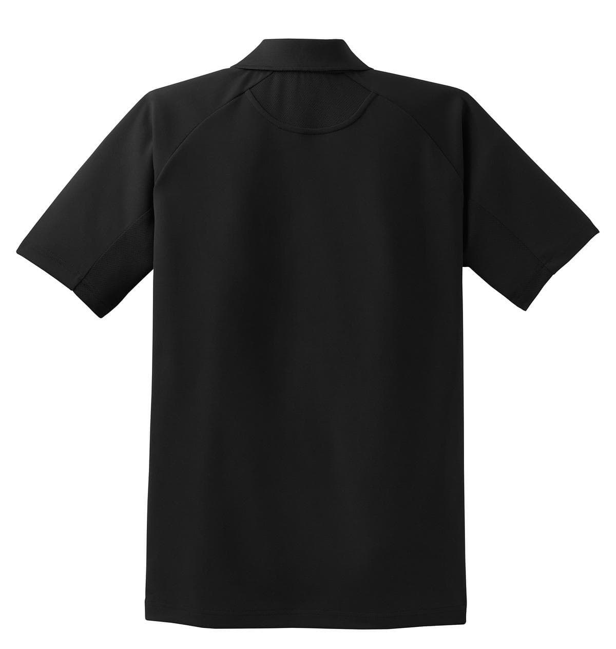 A black Sport-Tek Dri-Mesh Pro Polo shirt with short sleeves and a collar, featuring a logo.