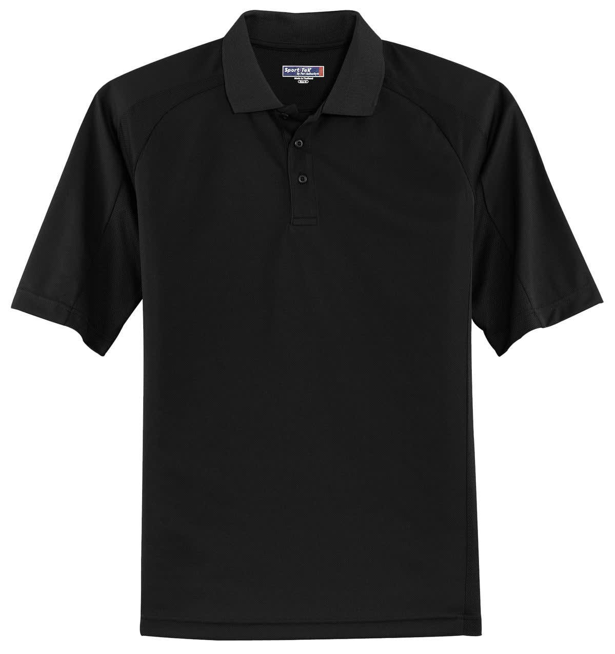 A black Sport-Tek Dri-Mesh Pro Polo shirt with a collar and buttons, featuring a logo.