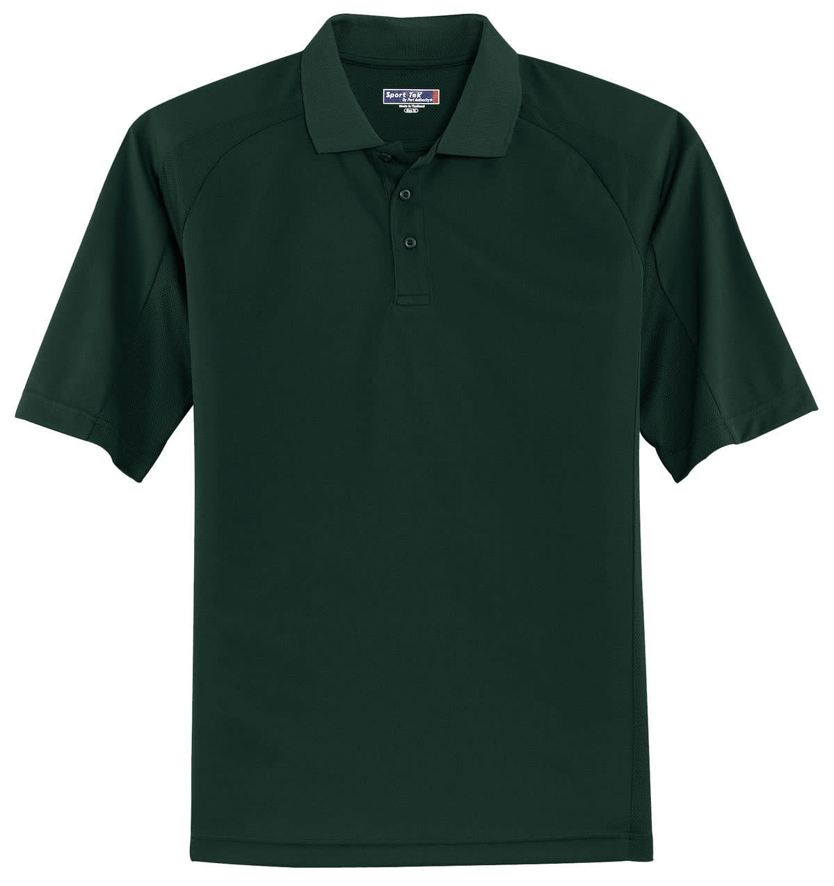 A dark green Sport-Tek Dri-Mesh Pro Polo shirt with a logo. Short sleeves and a classic collar design.