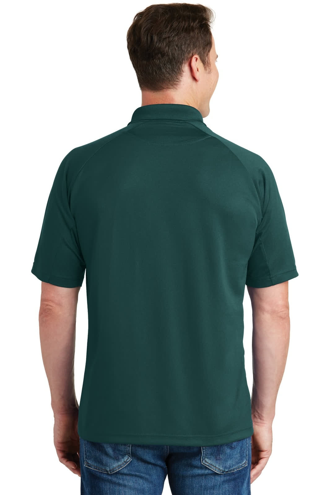 A green Sport-Tek Dri-Mesh Pro Polo shirt displayed from the back, featuring a logo on the collar.