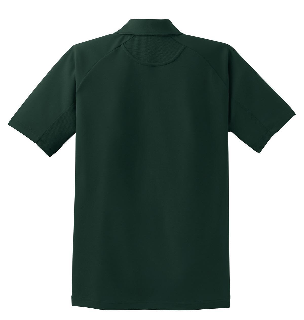 A dark green Sport-Tek Dri-Mesh Pro Polo shirt featuring a collar and short sleeves, with branding.