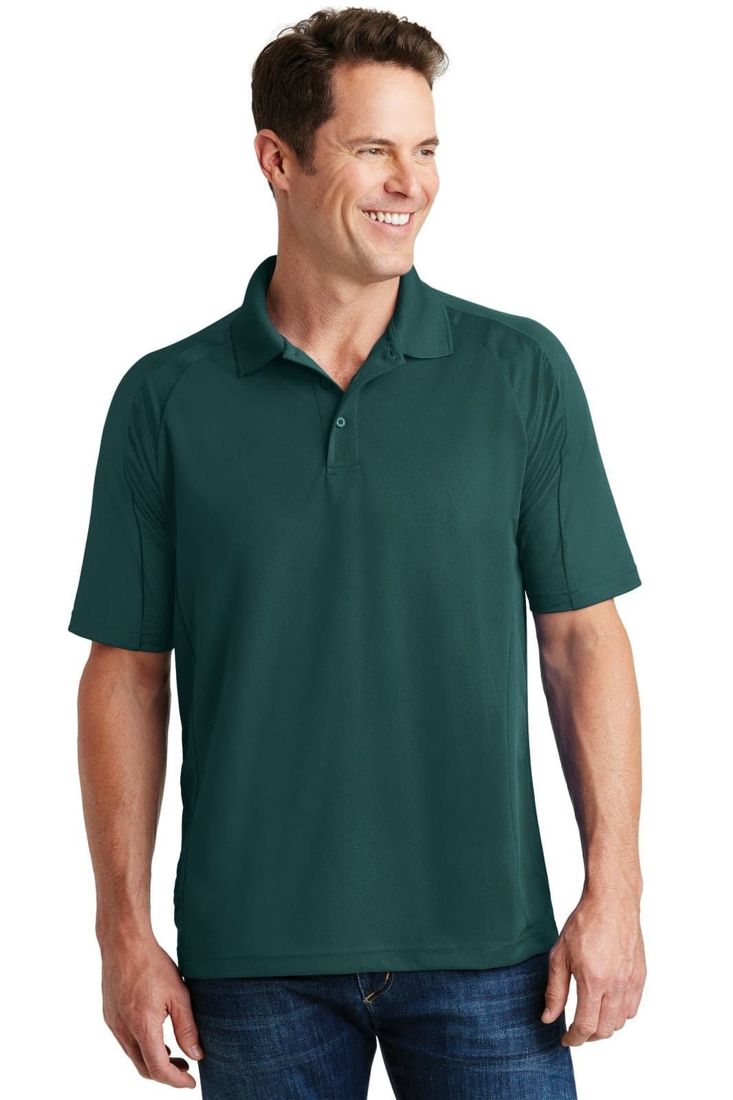 A dark green polo shirt worn by a smiling man, featuring short sleeves and a collar, with a branding logo.
