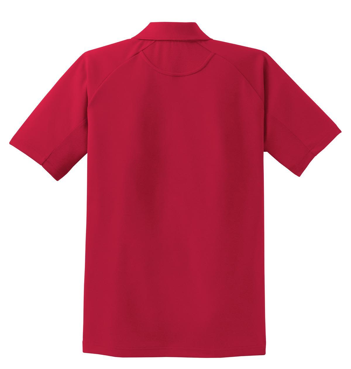 A red Sport-Tek Dri-Mesh Pro Polo shirt featuring a collar and short sleeves, with a logo on the chest.