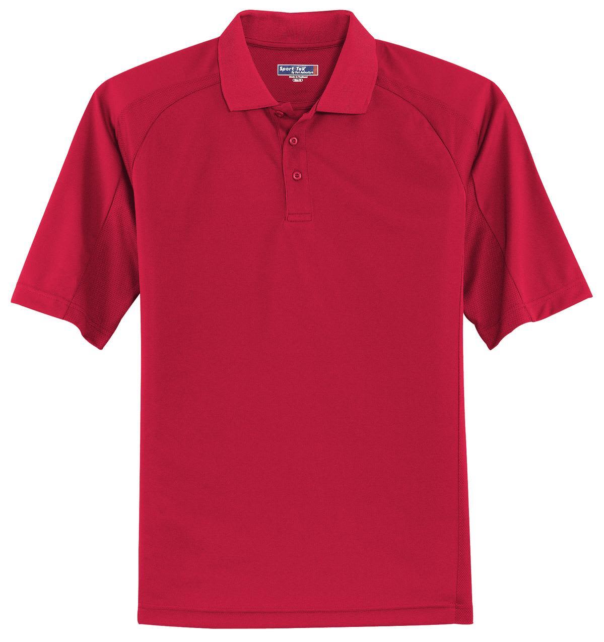 A red Sport-Tek Dri-Mesh Pro Polo shirt with a collar and short sleeves, featuring a logo.
