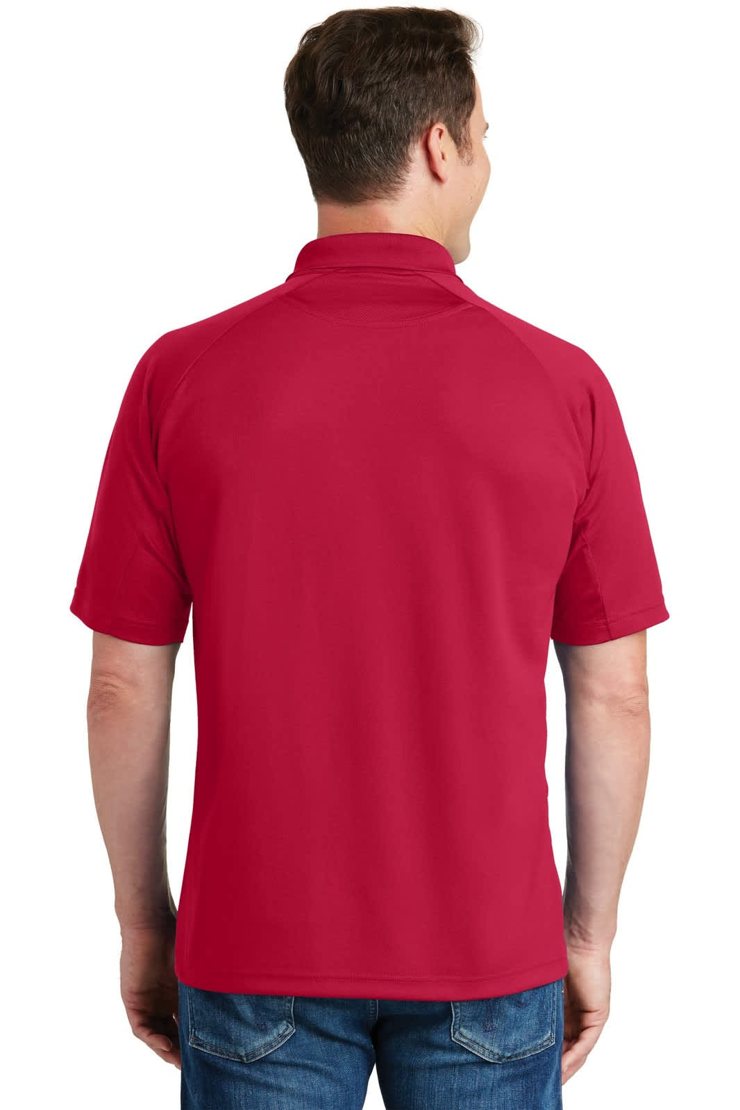 A red Sport-Tek Dri-Mesh Pro Polo shirt viewed from the back, featuring short sleeves and a collar.