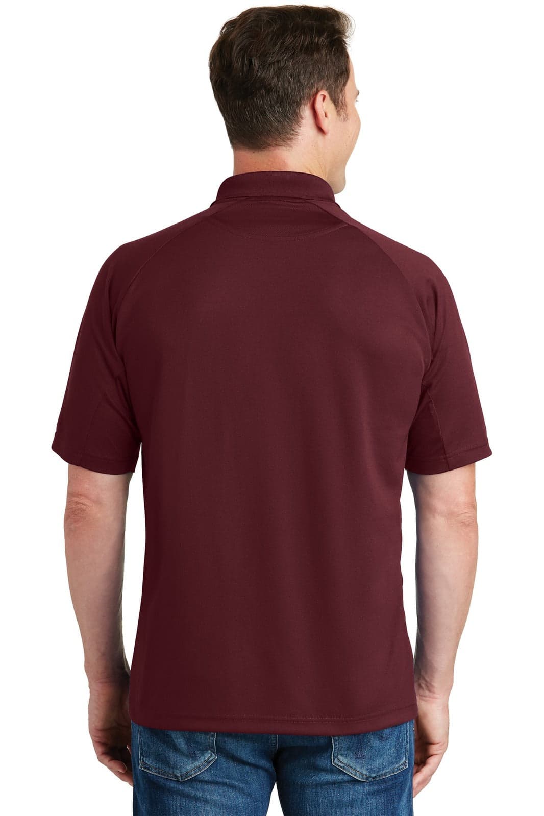 A maroon Sport-Tek Dri-Mesh Pro Polo shirt with a collar and short sleeves, featuring a logo on the back.