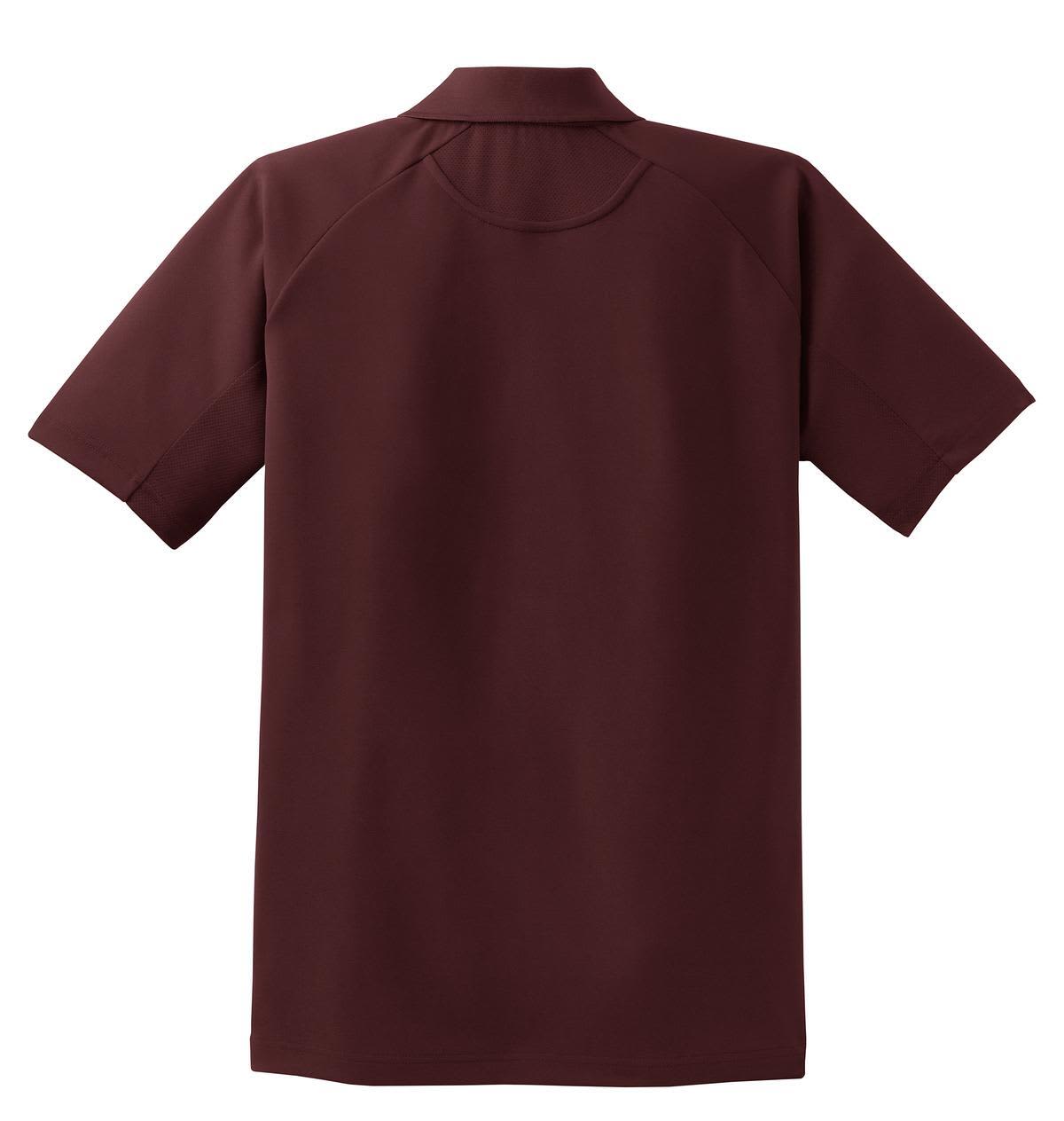 A maroon Sport-Tek Dri-Mesh Pro Polo with short sleeves and a collar, featuring a logo on the front.