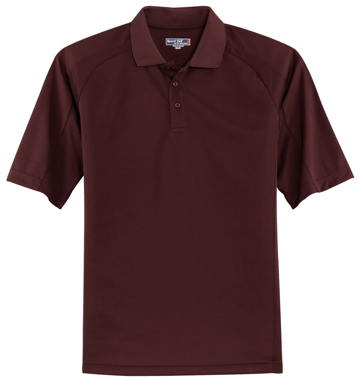 A burgundy Sport-Tek Dri-Mesh Pro Polo featuring a collar and a logo. Suitable for casual or sportswear.