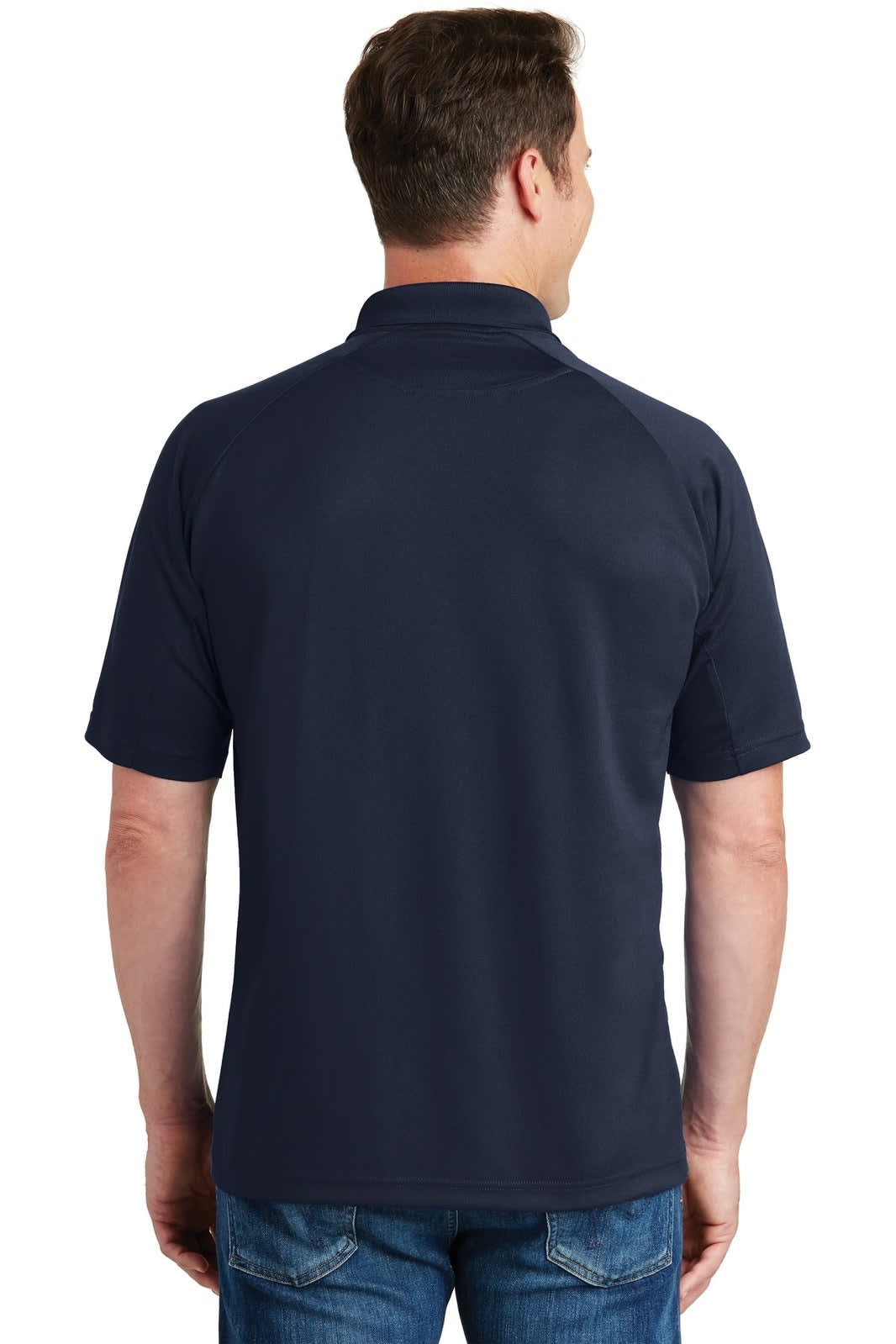 A navy blue Sport-Tek Dri-Mesh Pro Polo shirt, featuring short sleeves and a back view, with a logo on the collar.
