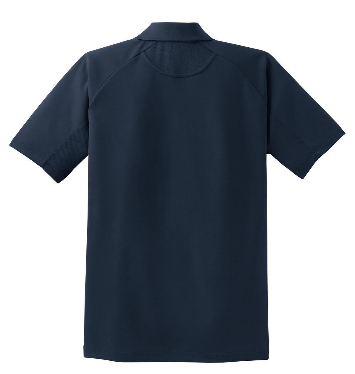 A navy Sport-Tek Dri-Mesh Pro Polo shirt with a short sleeve and a collar, featuring a logo.