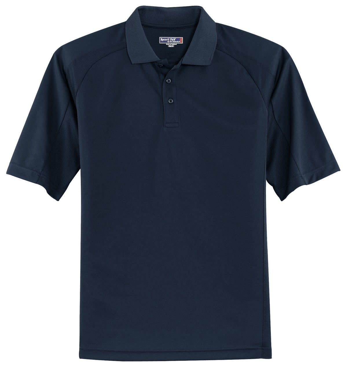 A navy blue Sport-Tek Dri-Mesh Pro Polo shirt with short sleeves and a logo.
