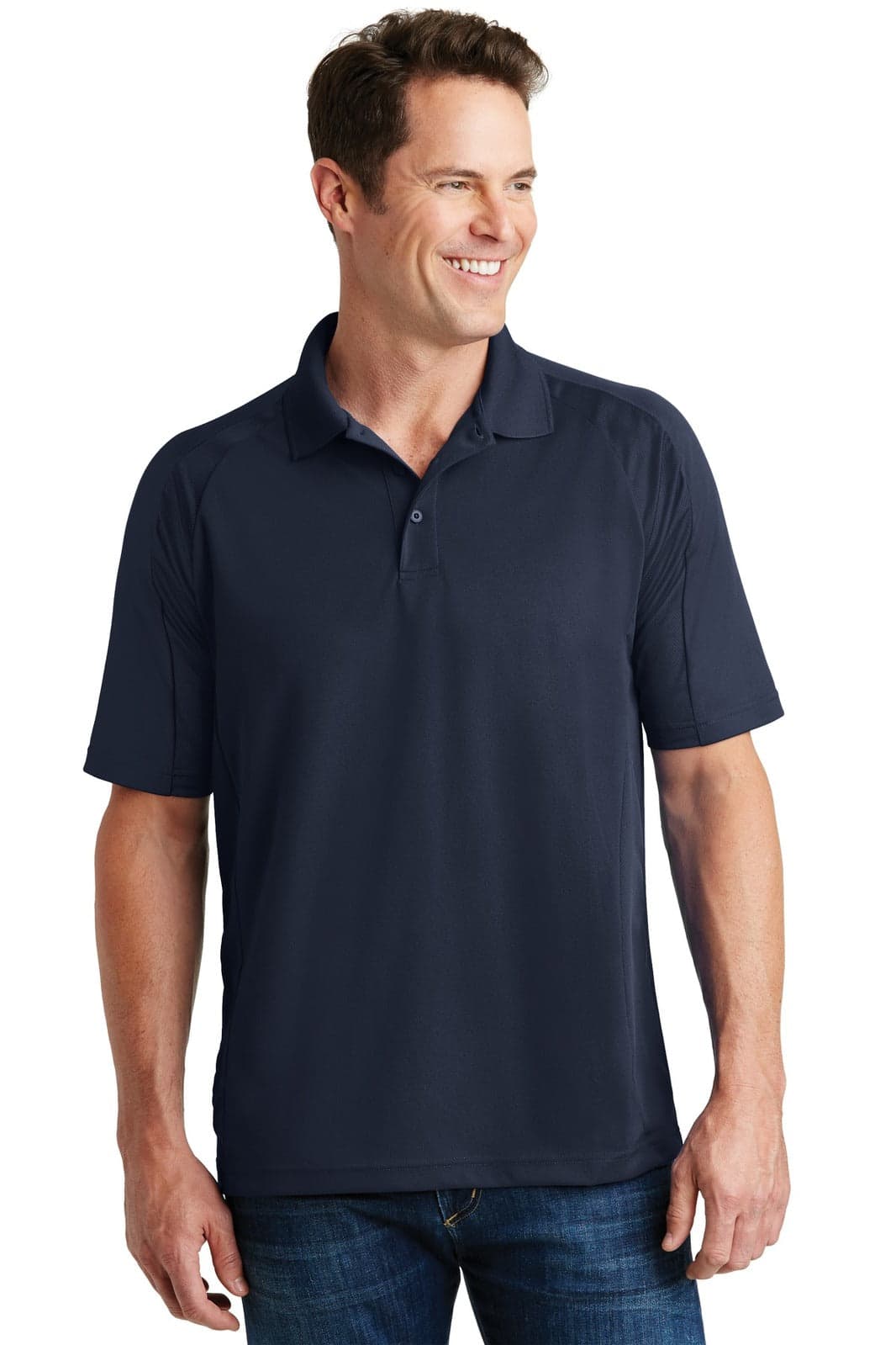 A navy blue Sport-Tek Dri-Mesh Pro Polo shirt displayed on a smiling man, featuring a collar and short sleeves.