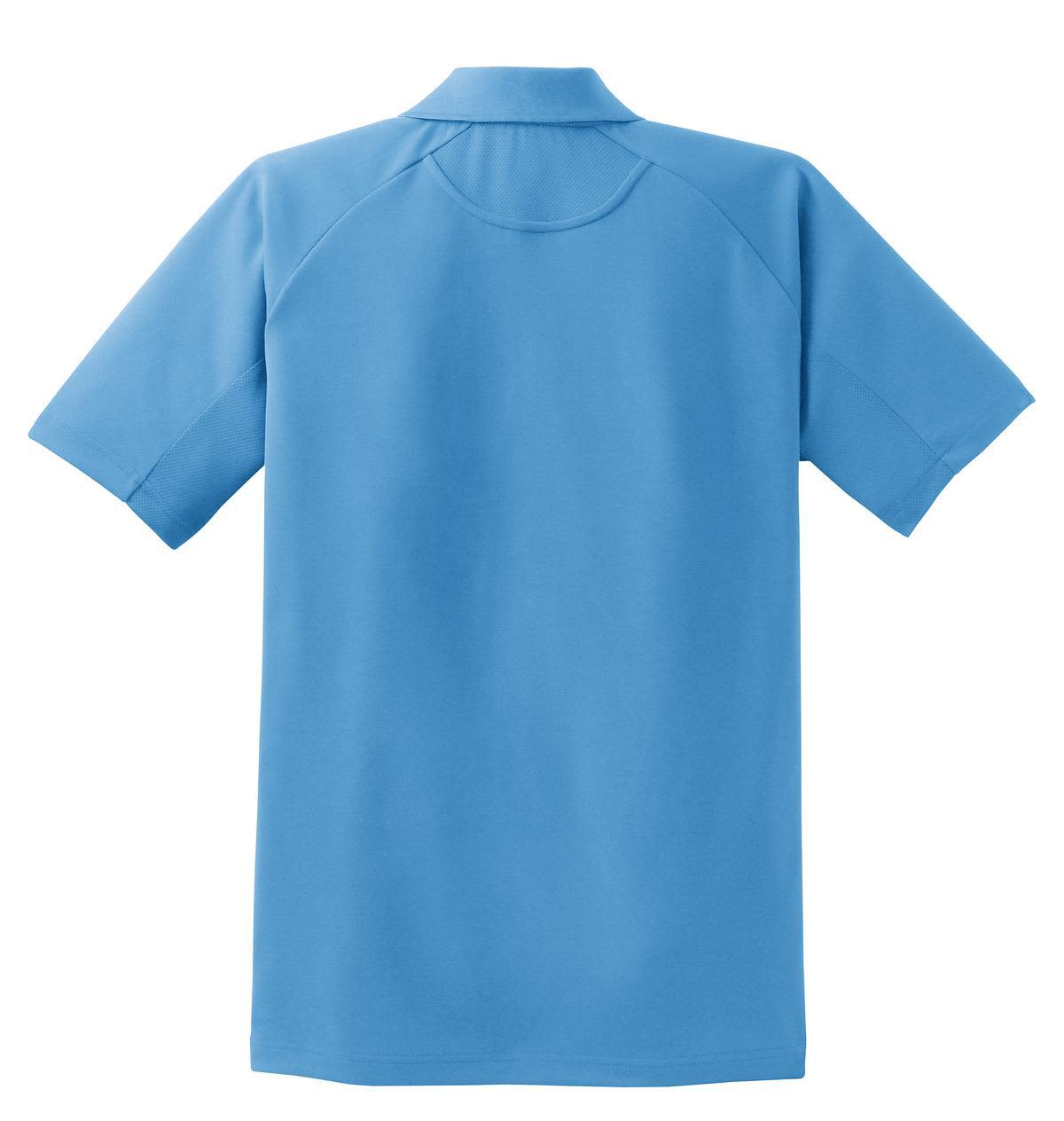 A blue Sport-Tek Dri-Mesh Pro Polo shirt featuring a plain back, with a collar and short sleeves.