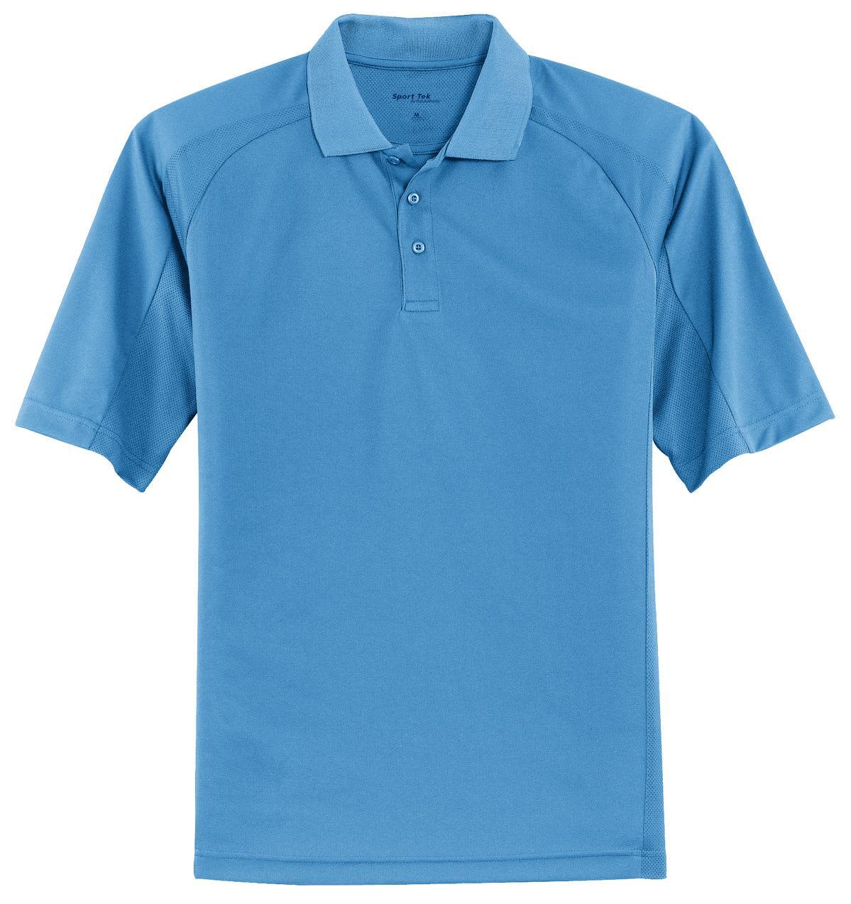 A blue polo shirt featuring a classic collar and short sleeves, with a logo present.
