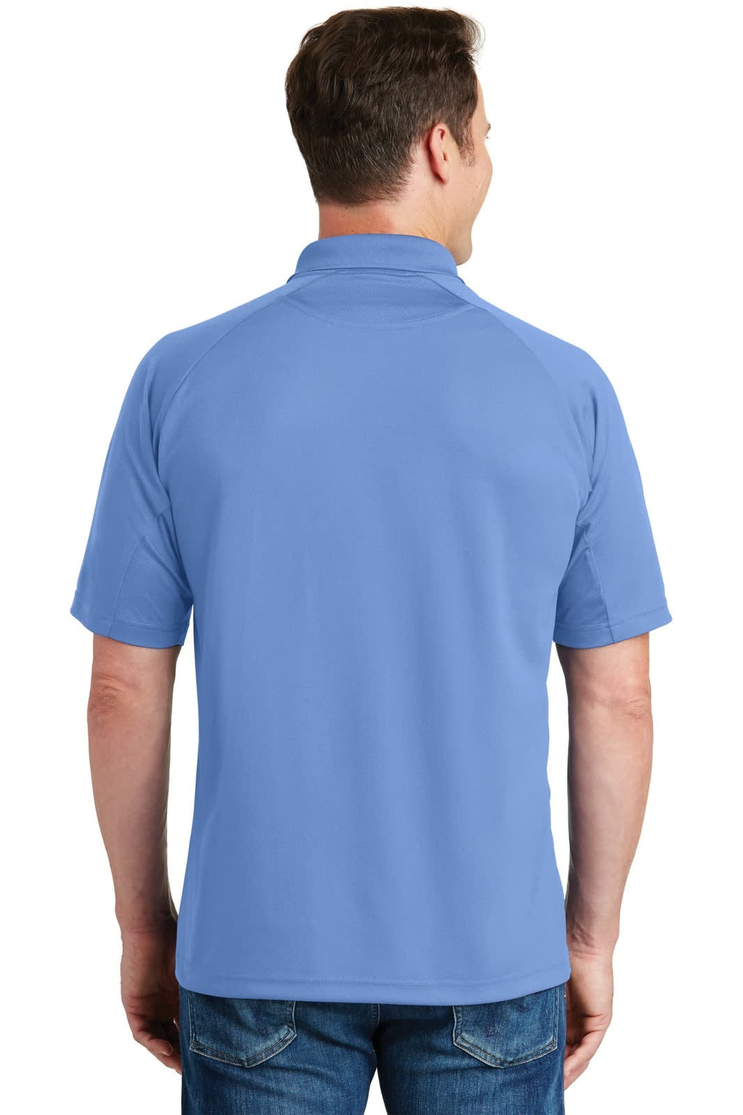 A light blue polo shirt featuring a collar and short sleeves, viewed from the back. The shirt has a logo.