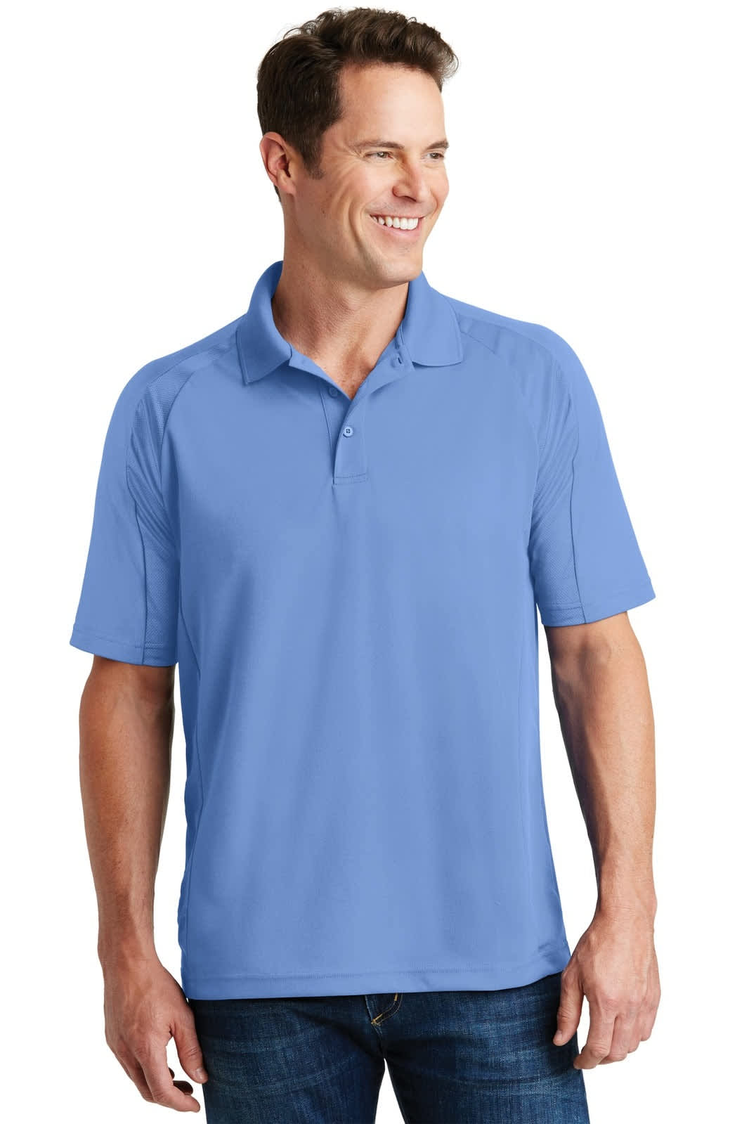 A man wearing a short-sleeved, light blue polo shirt with a logo. The shirt features a classic collar and a relaxed fit.