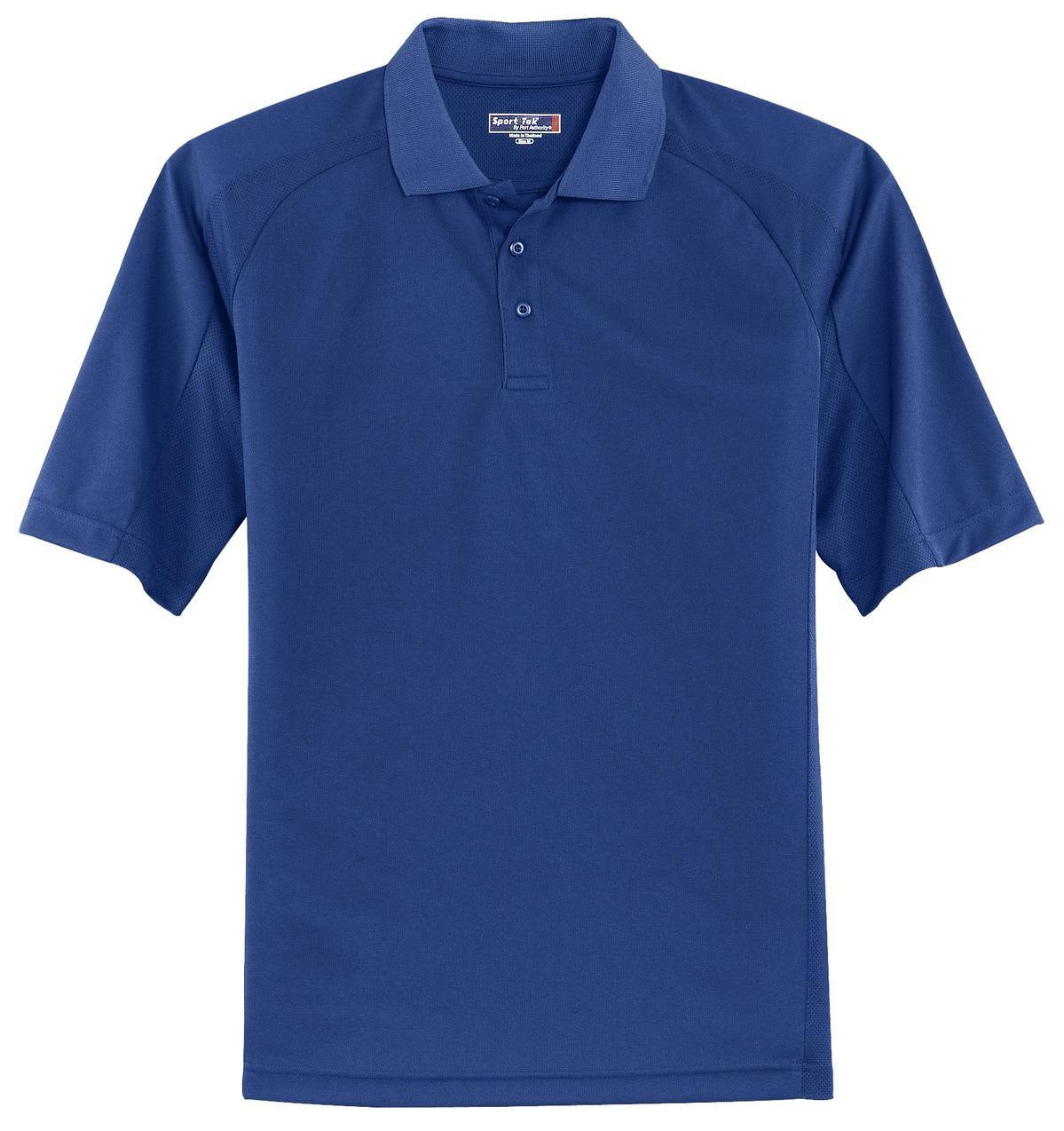 A blue Sport-Tek Dri-Mesh Pro Polo shirt featuring a collar and three buttons, with a logo on the chest.