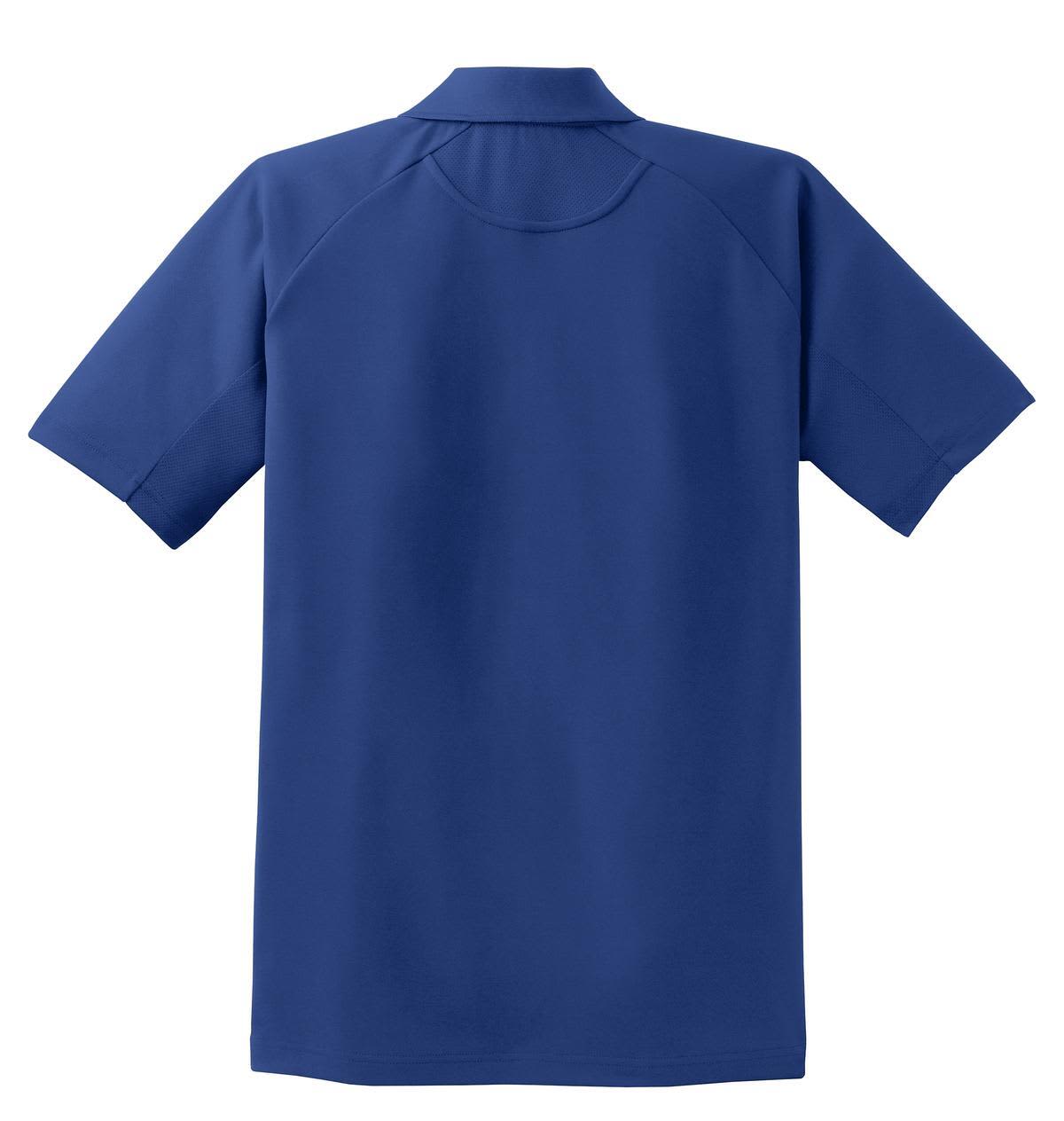 A blue Sport-Tek Dri-Mesh Pro Polo shirt with a collar and short sleeves. The shirt features a logo.