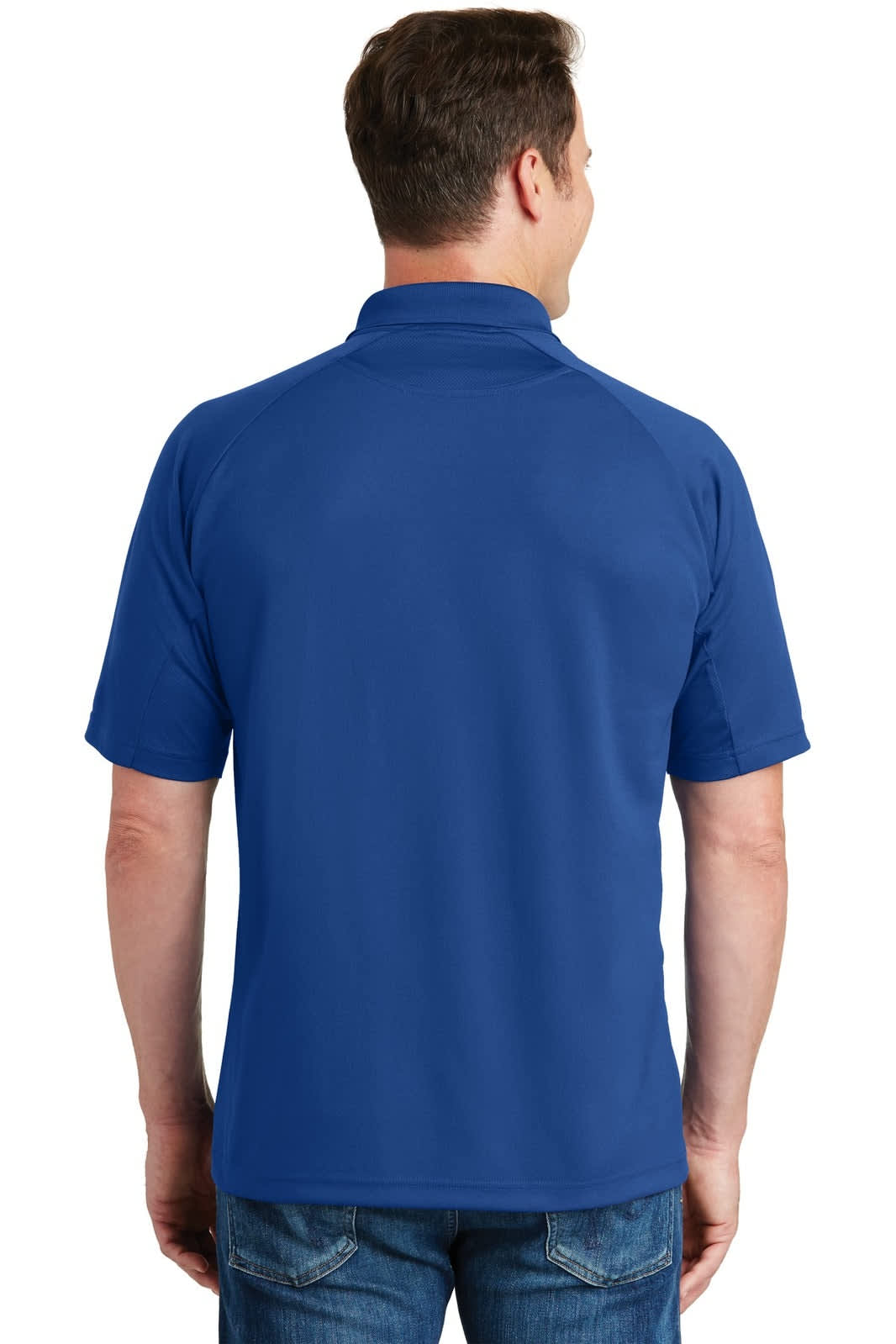 A blue Sport-Tek Dri-Mesh Pro Polo shirt with a standard collar, featuring a back view.