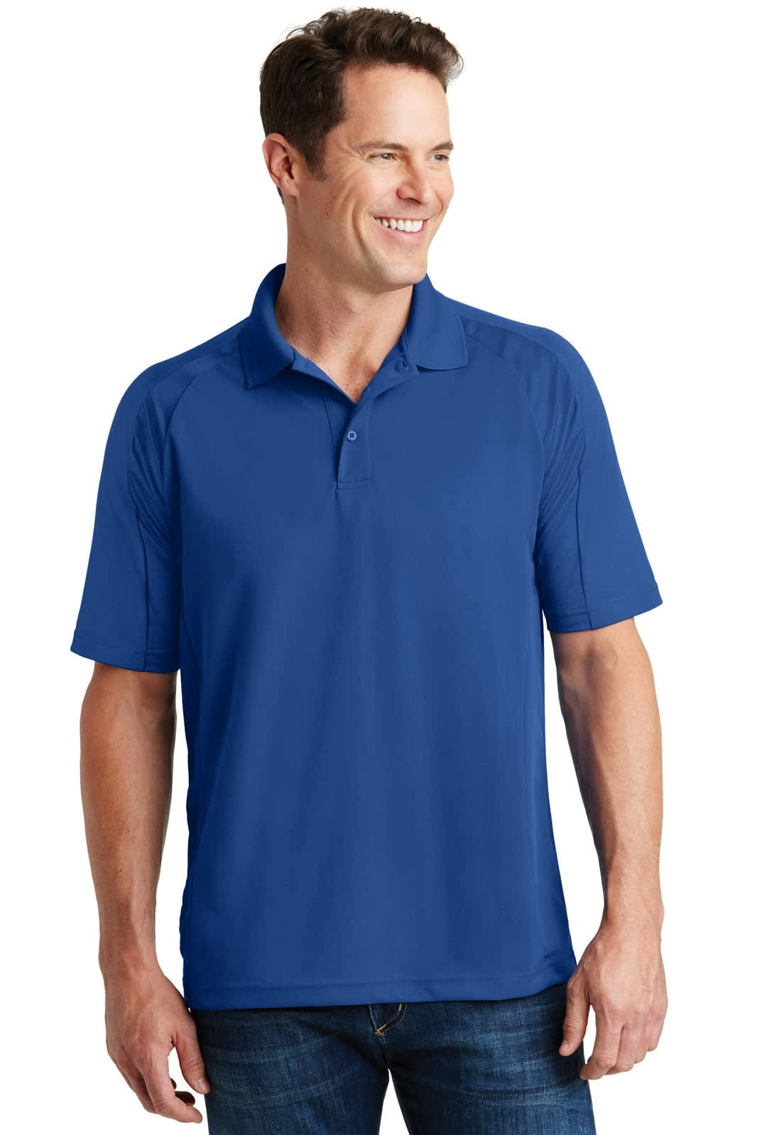A blue Sport-Tek Dri-Mesh Pro Polo shirt featuring short sleeves and a collar, with a logo on the chest.