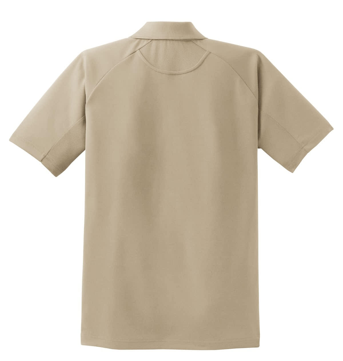 A beige Sport-Tek Dri-Mesh Pro Polo shirt featuring short sleeves and a collar, with a logo on the back.