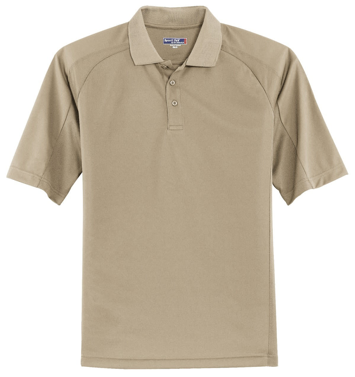 A beige Sport-Tek Dri-Mesh Pro Polo shirt with a collar, short sleeves, and a logo.